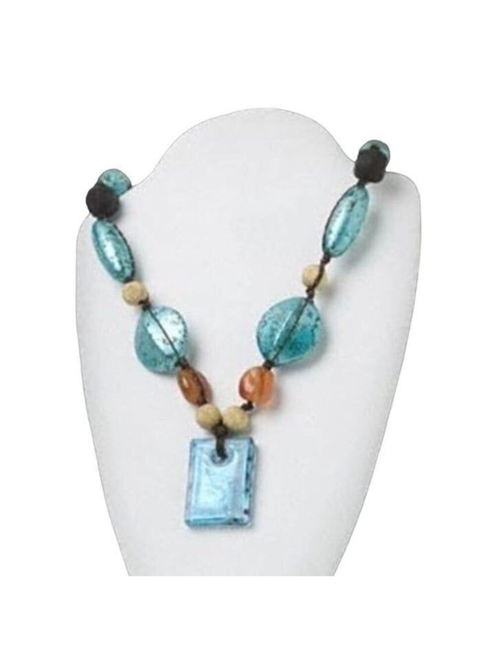 Aqua Blue Lampwork Glass & Agate Beads Gemstone Pendant Necklace